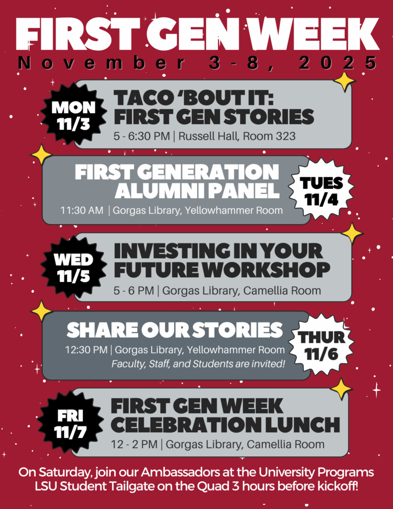 First Gen Week is November 3 - 8, 2025. Events are hosted each day and listed below the image. 