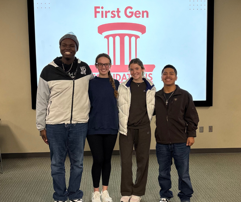 Students in front of First Gen Foundations Logo 